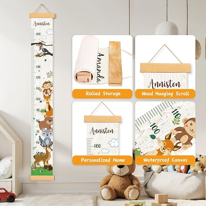Personalized Name Growth Chart Wall Decor for Kids – Canvas Removable Height Chart Measuring Ruler 59" x 7.9" (Zoo)-Ruum Studio Home