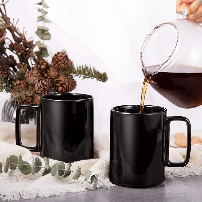E-liu Porcelain Tea Mugs Coffee Mug Set, Large 15 Ounces Cups for Coffee, Tea, Cocoa, and Mulled Drinks, Set of 6, Black-Ruum Studio Home