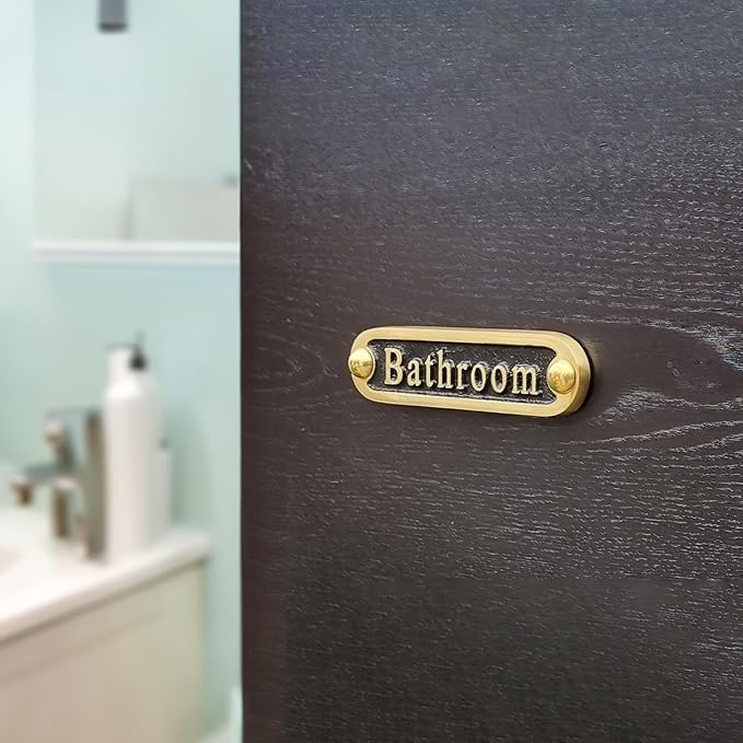 Bathroom Brass Door Sign. Traditional Style Home Décor Wall Plaque Handmade By The Metal Foundry UK.-Ruum Studio Home