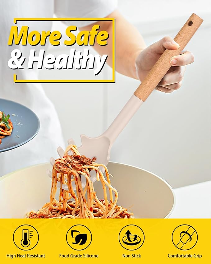Silicone Pasta Fork and Ladle Spoon Set with Wooden Handle, Heat Resistant Non Stick Kitchen Utensils for Cooking, Stirring, Serving Spaghetti, Soup, Sauce(KHAKI)-Ruum Studio Home