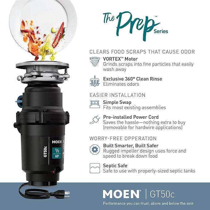 Moen Prep Series Disposer 1/2 Horsepower Continuous Feed Garbage Disposal featuring Fast Track Technology, Power Cord Included, GT50C-Ruum Studio Home