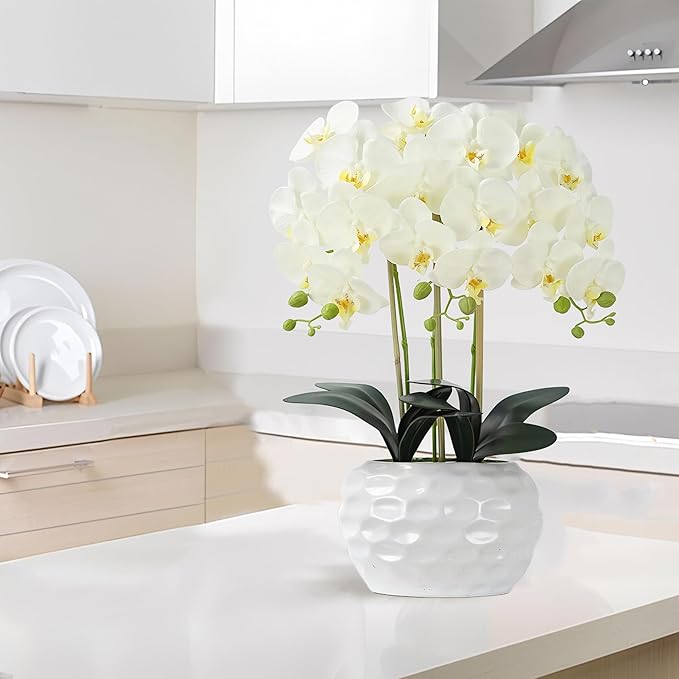 Orchid Artificial Flowers with White Vase Large Silk Faux Phalaenopsis Flowers for Dining Room Table Floral Centerpieces Indoor Decoration,White-Ruum Studio Home