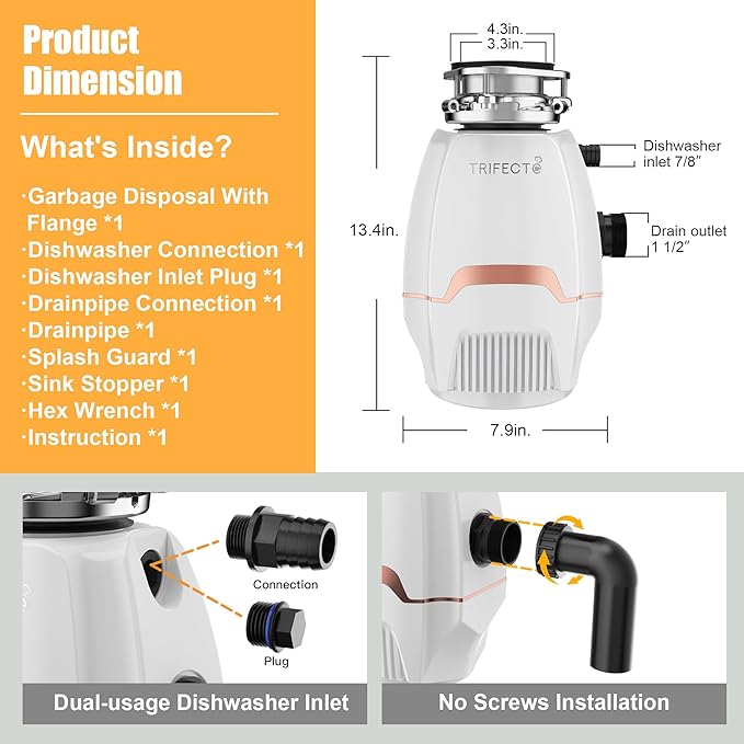 Trifecte Pro 3/4 HP Garbage Disposals with Sound Reduction,Food Waste Coutinuous Feed Garbage Disposal with Power Cord, Dishwasher Hook Up,3800RPM,White-Ruum Studio Home