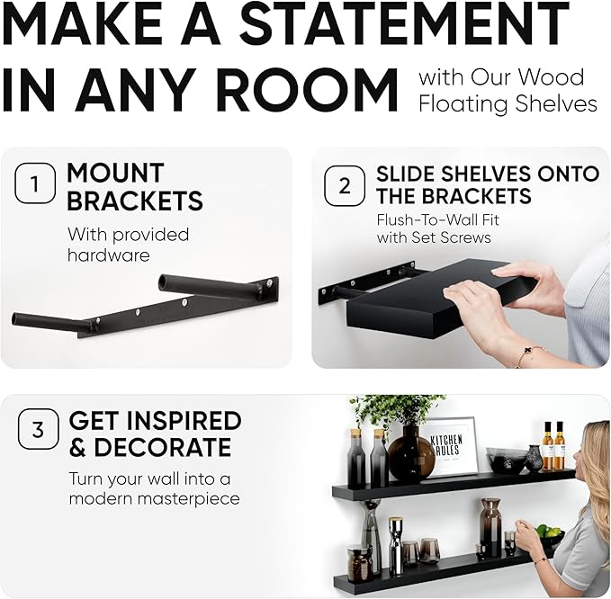 Homeforia Floating Black Shelf 60 inch, High End Solid Real Wood 60 inches Long Floating Shelves for Wall, Black Wooden 60inch Large Floating Shelves, Heavy Duty Bracket, 60 X 6.5 X 1.75 in, Set of 2