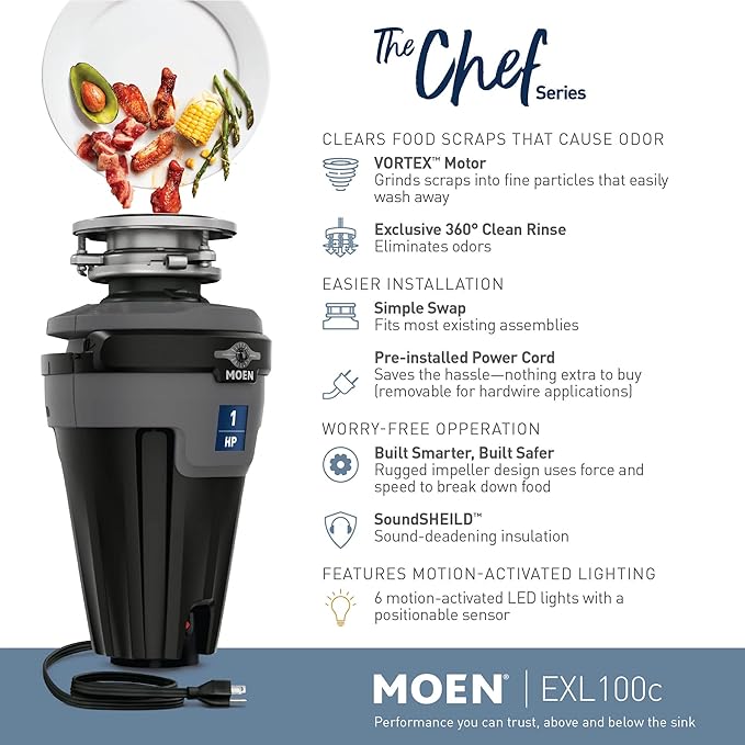 Moen Chef Series 1 HP Continuous Feed Lighted Garbage Disposal with Sound Reduction for Under Sink, Power Cord Included, EXL100C-Ruum Studio Home