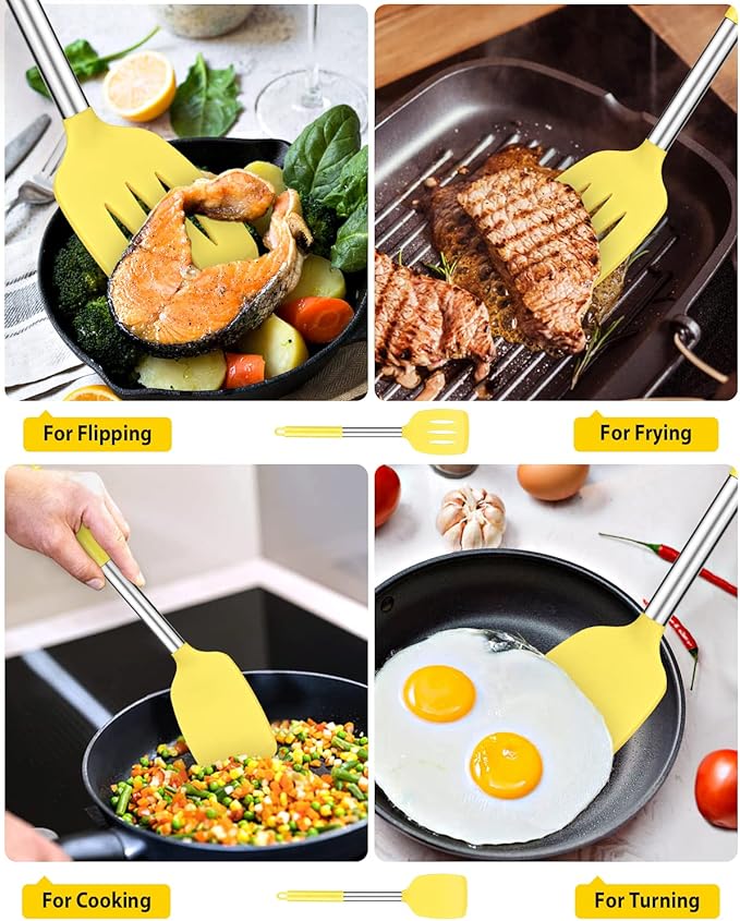 Pack of 2 Silicone Solid Turner, Non Stick Slotted Kitchen Spatulas, High Heat Resistant BPA Free Cooking Utensils, Ideal Cookware for Fish, Eggs, Pancakes(Yellow)-Ruum Studio Home