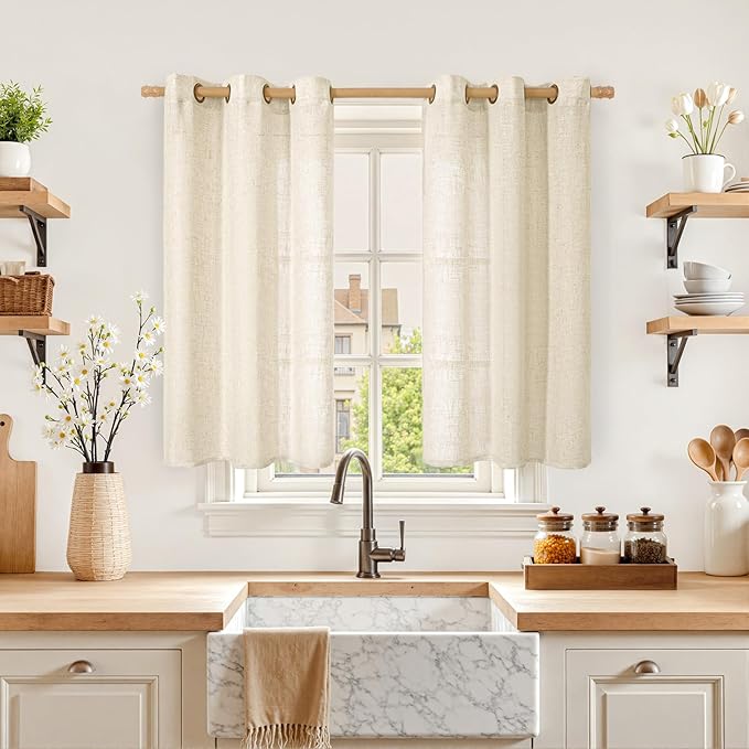 LAMIT Short Linen Curtains 40 inches Long for Small Window, Bronze Grommet Linen Drapes Light Filtering Sheer Window Curtains for Kitchen, Set of 2 Panels (34 x 40 Inch, Beige)-Ruum Studio Home