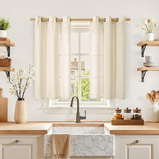 LAMIT Short Linen Curtains 40 inches Long for Small Window, Bronze Grommet Linen Drapes Light Filtering Sheer Window Curtains for Kitchen, Set of 2 Panels (34 x 40 Inch, Beige)-Ruum Studio Home