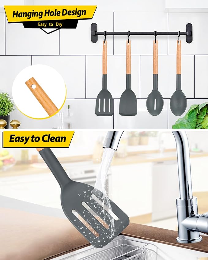 Pack of 4 Silicone Cooking Utensils Set, Non Stick Solid Spatulas and Heat Resistant Slotted Spoons with Wooden Handle, Ideal Wood Kitchen Utensils Set for Frying,Serving,Turning,Stirring (GRAY)-Ruum Studio Home