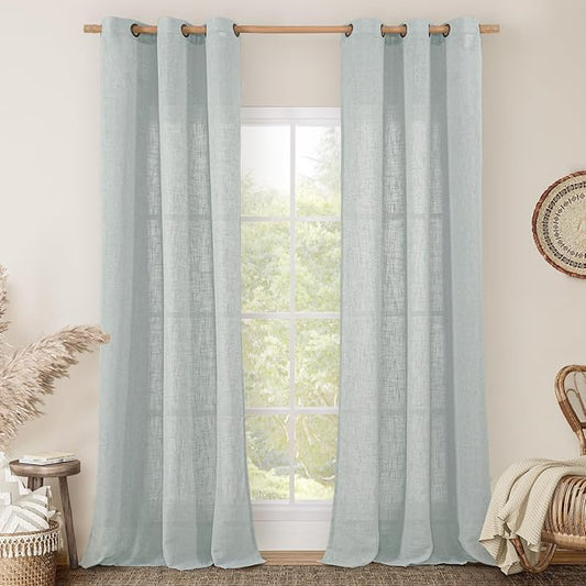 LAMIT Blue Linen Curtains 84 Inch Length for Living Room, Semi Sheer Light Filtering Drapes Bronze Grommet Boho Burlap Panels for Bedroom/Farmhouse, 2 Panels, 34 x 84 Inch, Greyish Blue-Ruum Studio Home