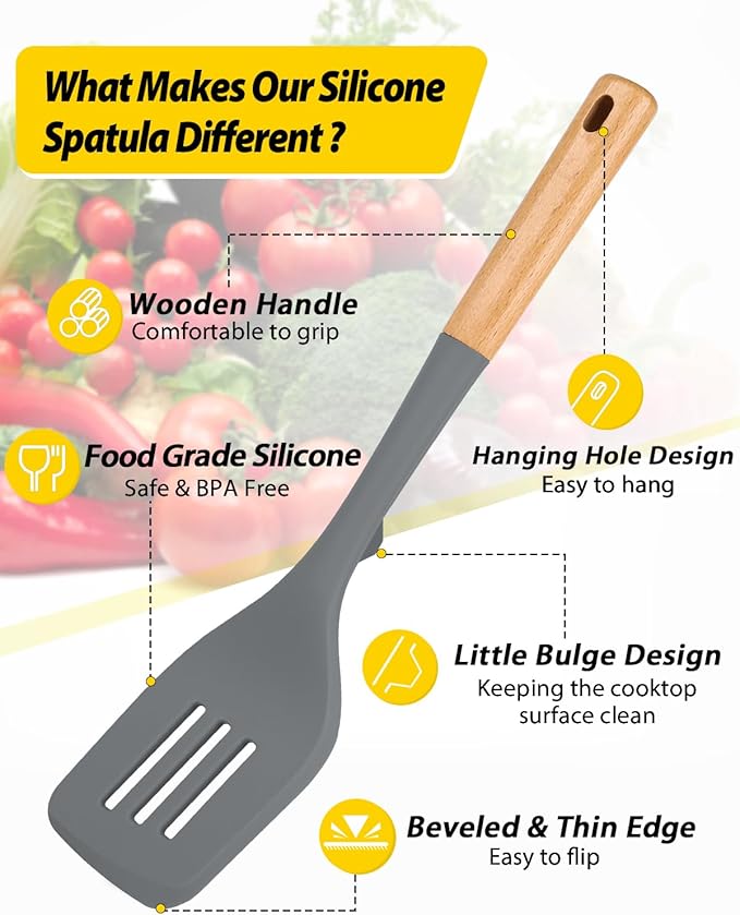 Pack of 2 Large Silicone Spatula, Heat Resistant Solid Turner, Non Stick Slotted Spatulas with Wooden Handle, Ideal Kitchen Utensils for Flipping, Pancakes, Eggs, Fish(GRAY)-Ruum Studio Home