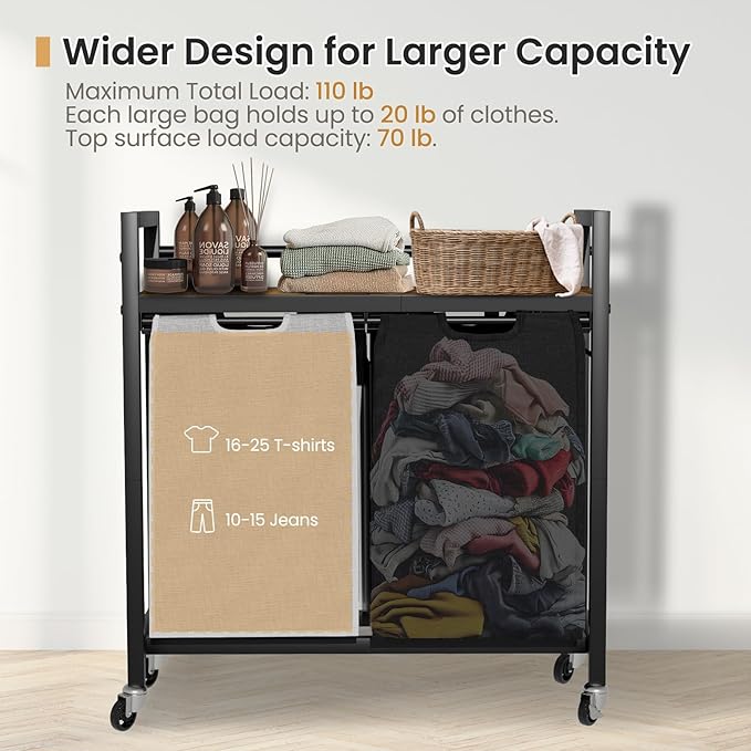 Laundry Hamper, Laundry Basket, Laundry Sorter with 2 Removable Bags, Clothes Basket with 2 Compartments, Wheels, Shelf for Laundry Room Bathroom Bedroom (2 Bags-Black Grey)-Ruum Studio Home