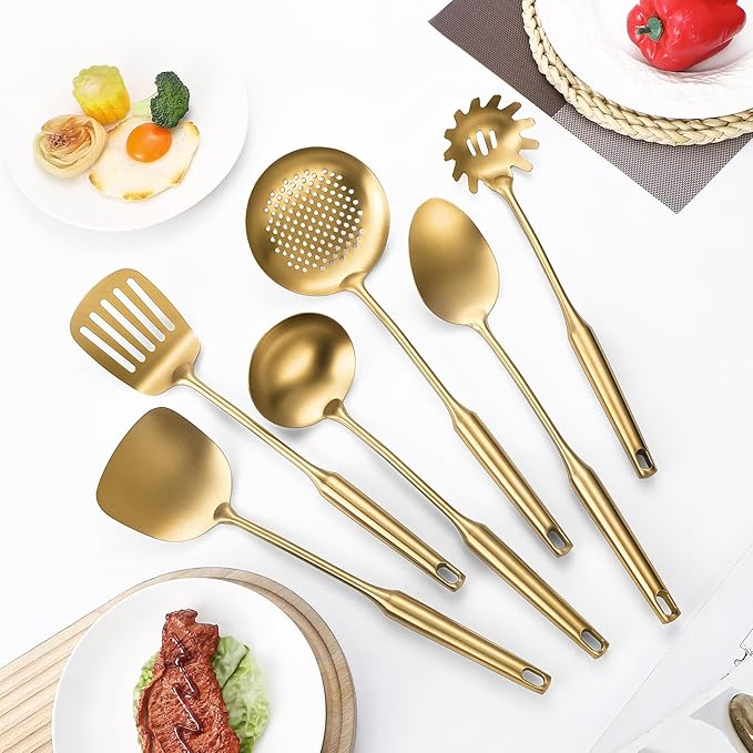 304 Stainless Steel Cooking Utensil,Kitchen Kitchen Utensil with Spatula, Solid Spoon, Ladle, Skimmer, Spaghetti Spoon, 6 Piece Set, Dishwasher Safe(Gold)-Ruum Studio Home