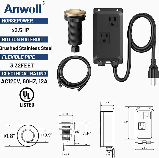 Garbage Disposal Air Switch Kit -Professional- Dual Outlet, Sink Top Waste Disposer On/Off, Garbage Disposal Button, UL Listed-Ruum Studio Home
