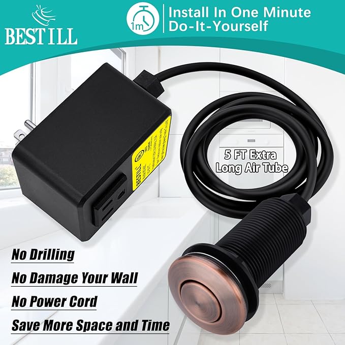 BESTILL Garbage Disposal Air Switch Kit - UL Listed, Cordless Sink Top Switch Button for Waste Disposer, Long Push Button with Brass Cover, Antique Copper, Compatible with all Garbage Disposals-Ruum Studio Home