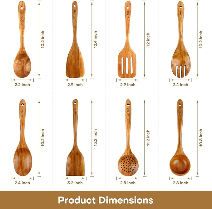AIUHI Wood Spoons for Cooking, Nonstick Kitchen Utensil Set, Wooden Spoons Cooking Utensil Set Non Scratch Natural Teak Wooden Utensils for Cooking (Teak 8 Pack)-Ruum Studio Home
