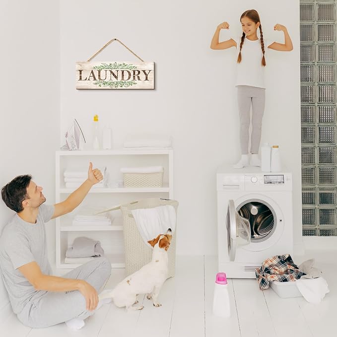 Laundry Sign Wall Decor, Kitchen Wall Art with Plant Print, Rustic Farmhouse Wall Hanging Plaque Home Kitchen Decorative (Laundry), 4.7 x 13.7 inches-Ruum Studio Home