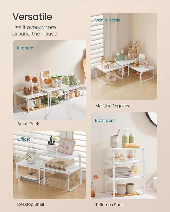 SONGMICS Cabinet Organizer Shelf, Set of 3 Kitchen Counter Shelves, Kitchen Storage, Spice Rack, Stackable, Expandable, Snow White and Matte White UKCS220W01-Ruum Studio Home