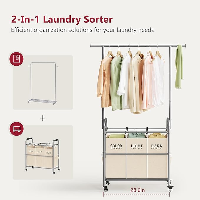Tajsoon Laundry Hamper with Hanging Rack, 3 Section Laundry Sorter with Heavy Duty Lockable Wheels, Laundry Basket Organizer for Dirty Clothes Storage, 3 Beige-Ruum Studio Home