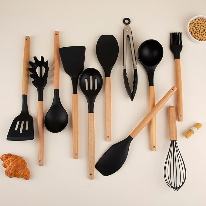 Silicone Cooking Utensils Set, Premium Beech Wood Handle Kitchen Gadgets Utensil Set, Non-Stick Kitchen Utensils Spatula, Tongs, Turner, Whisk, Brush, Spoon, BPA FREE, 446°F Resistant (Black)-Ruum Studio Home