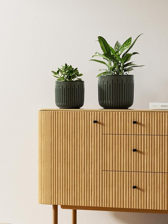 LE TAUCI Fluted Ceramic Planters Set of 3 – 8.3/7 / 5.7 in Dark Olive Reactive Cylinder Indoor Plant Pots with Drainage Plug & Mesh, Glossy Stoneware Flower Pots for Succulents Herbs-Ruum Studio Home