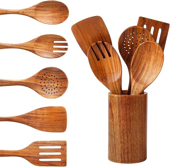 6 PCS Wooden Spoons for Cooking - Teak Wooden Cooking Utensils Set with Holder - Non-Stick, Soft Grip, Ergonomic Design - Natural Finish-Ruum Studio Home