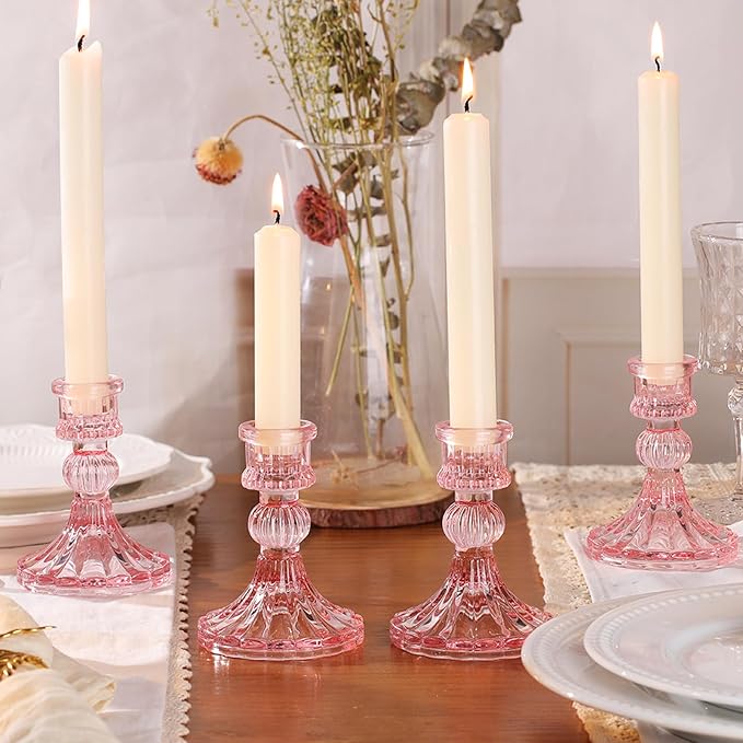 12PCS Pink Candlestick Holders Set- 4" H Taper Candle Holders, Glass Candle Holders Bulk for Wedding, Party, Home Table Centerpieces, Festival Gifts & Windowsill Decor-Ruum Studio Home
