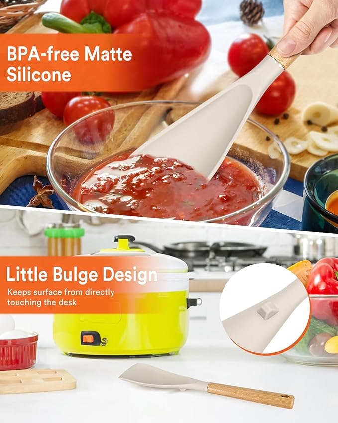 Multifunction Spatula Spoon for Nonstick Cookwares, Great for Cooking and Serving, Sturdy BPA-Free Matte Silicone, Wood Handle Spatula for Mixing, Scoop, and Scrape, Khaki(2 pack,11.4" & 13.4")-Ruum Studio Home