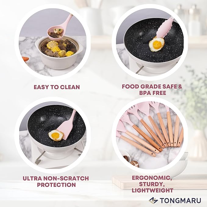 Silicone Cooking Utensils Set, Premium Beech Wood Handle Kitchen Gadgets Utensil Set, Non-Stick Kitchen Utensils Spatula, Tongs, Turner, Whisk, Brush, Spoon, BPA FREE, 446°F Resistant (Pink)-Ruum Studio Home