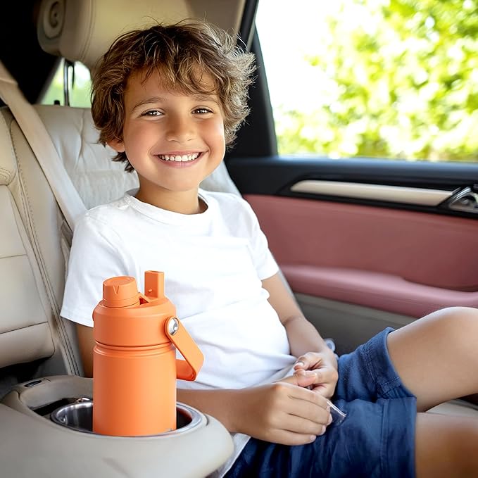 Kids Insualated Water Bottle with Straw - 12oz Stainless Steel Water Bottle with Dual Spouts, Leak-Proof, BPA-Free, Double Wall Vacuum Keeps Cold for 24 Hours for Sports, Travel, School (Tulip)