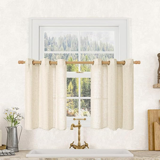LAMIT Short Linen Window Curtains 30 Inches Long 2 Panels, Beige Semi Sheer Light Filtering Panels Bronze Grommet Neutral Drapes for Basement/Small Windows, 34 x 30 Inch-Ruum Studio Home