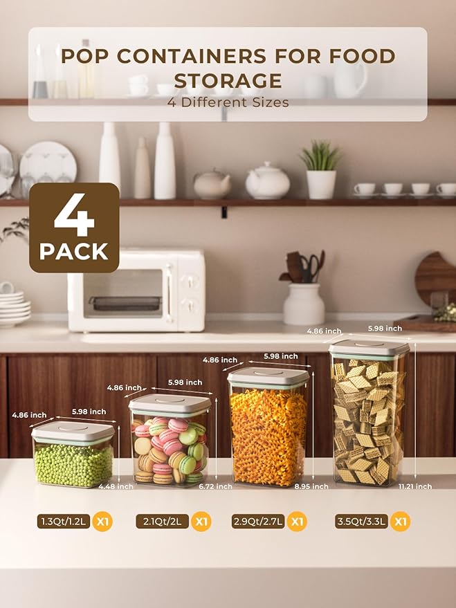 Pop Storage Set – 4 Pack Airtight Food-Grade Containers with Lids, BPA-Free, with Measurement Marks for Flour, Sugar, Pantry Organization-Ruum Studio Home
