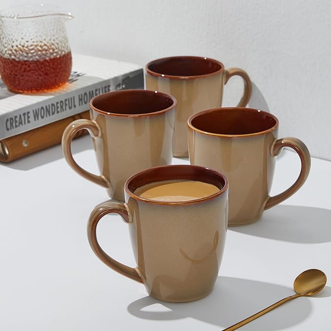 Coffee Mug 16 oz, Ceramic Coffee Mugs Set of 4, Reactive Glaze Mug for Latte/Tea/Cappuccino, Large Stackable Mug Set for Men, Women, Dad, Mom, Dishwasher & Microwave Safe, Brown Yellow-Ruum Studio Home