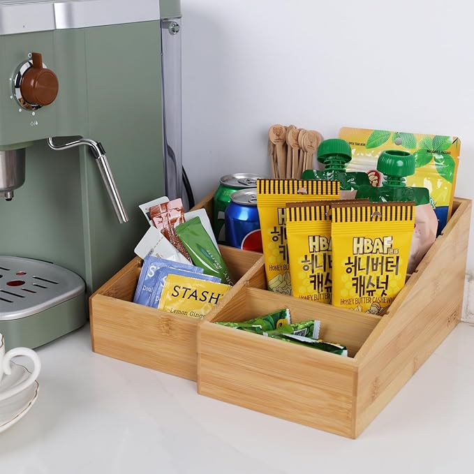 HTB 4-Section Snack Organizer with Removable Dividers for Kitchen, Cabinet, Office, Countertop, 2 Pack Bamboo Pantry Storage Organization for Spice Packets, Seasoning Pouches, Coffee Pods-Ruum Studio Home