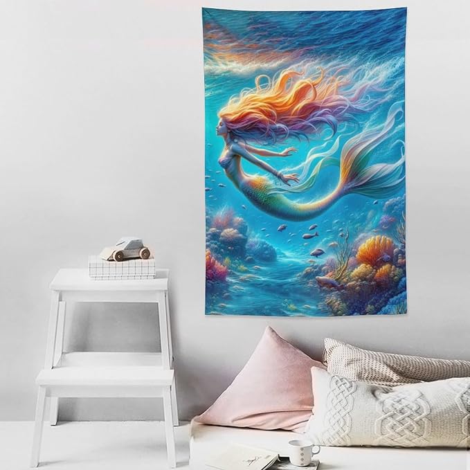 Mermaid Tapestry Ocean Tapestries Coastal Fabric Wall Hanging Aesthetic Space Indoor Outdoor Wall Art Tablecloth Bedspread Decoration for Girl’s Bedroom Dormitory Living Room Home Decor 40"x60"-Ruum Studio Home