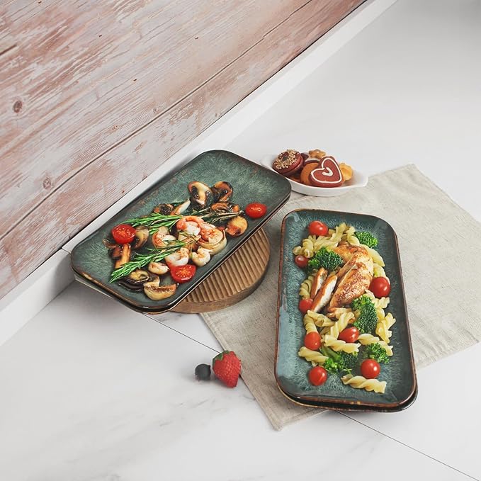 Ceramic Serving Dinner Plate Set, 4-Piece for Main Meals, Tacos, Lunches, Snack, Platters - Microwave and Dishwasher Safe, Scratch Resistant, Kitchen Serving Dinnerware, Black 12.4 Inch-Ruum Studio Home