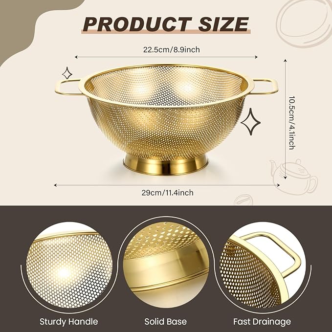 Norme 3 Quart Stainless Steel Gold Colander Gold Fine Mesh Strainer, Stainless Steel Pasta Rice Food Metal Strainer with Handles, Easy Clean and Dishwasher Safe-Ruum Studio Home