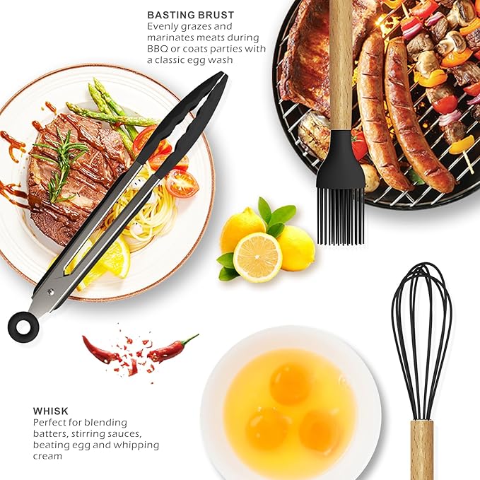 Silicone Cooking Utensils Set - 446°F Heat Resistant Silicone Kitchen Utensils for Cooking,Kitchen Utensil Spatula Set w Wooden Handles and Holder, BPA FREE Gadgets for Non-Stick Cookware (Black)-Ruum Studio Home