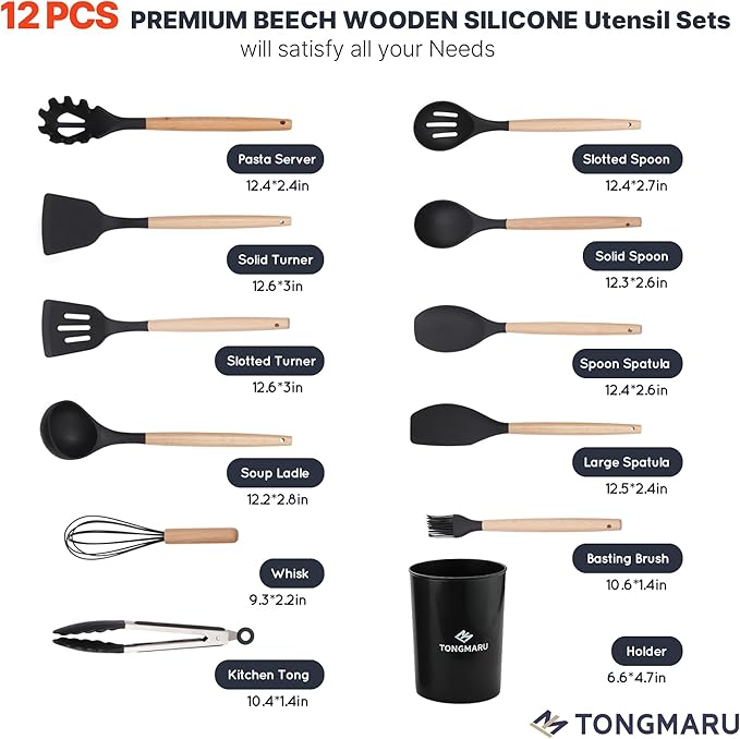 Silicone Cooking Utensils Set, Premium Beech Wood Handle Kitchen Gadgets Utensil Set, Non-Stick Kitchen Utensils Spatula, Tongs, Turner, Whisk, Brush, Spoon, BPA FREE, 446°F Resistant (Black)-Ruum Studio Home