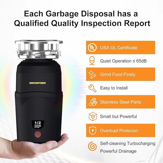A400 Garbage Disposal 1/2 HP for Kitchen Sink, Small Fit Food Waste Disposer Fast Continuous Feed Stainless Steel Grinding, Quietness, Ease of Installation, Corded, Powerful Drainage Half Horsepower-Ruum Studio Home