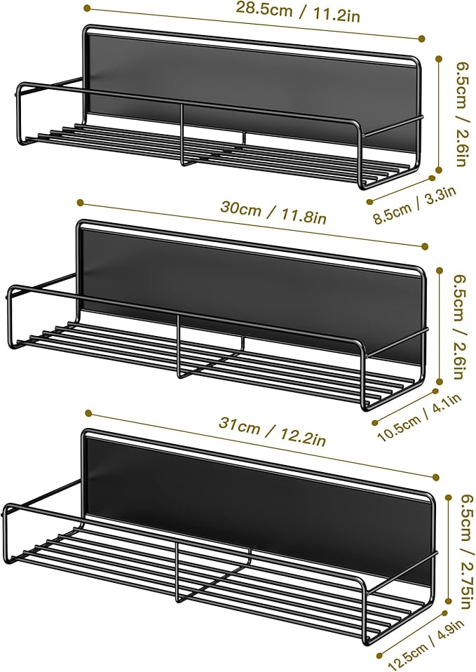 3 Pack Magnetic Spice Rack Organizer, Space Saver for Refrigerator and Whiteboard, Metal Fridge Shelf for Kitchen and Classroom, Black-Ruum Studio Home
