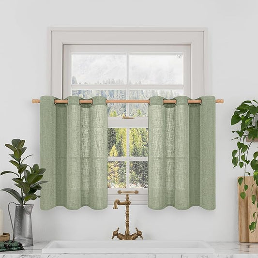 LAMIT Semi Sheer Linen Curtains 36 Inch Length, Light Filtering Panels Bronze Grommet Boho Neutral Christams Window Drapes for Kitchen/Small Windows/Cafe, Sage Green, 34 x 36 Inch, 2 Panels-Ruum Studio Home