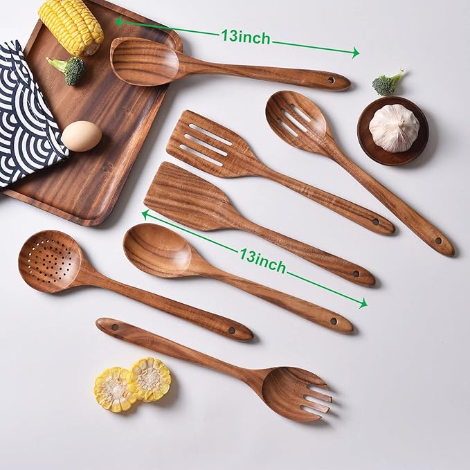 Gudamaye 13 inch Long Wooden Utensils for Cooking, Long Handle Wooden Spoons for Cooking, 7 PCES Crafting Wooden Spoon Set, Wooden Kitchen Utensil set, Natural Teak Wooden utensil Set-Ruum Studio Home