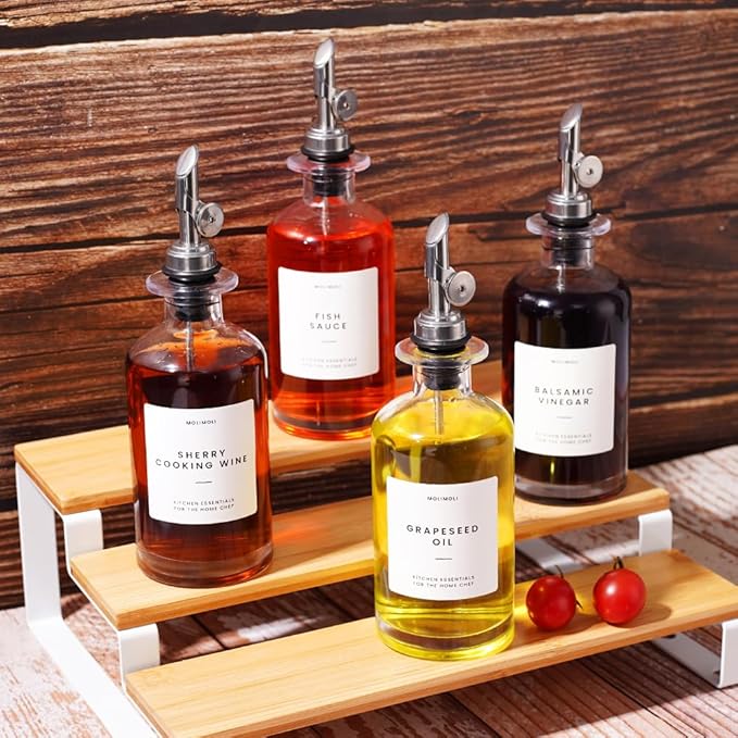 Molimoli Olive Oil Dispenser Bottle for Kitchen, Oil Dispenser w. Weighted Pourer, Glass Bottle Dispenser for Kitchen, Olive Oil Cruet, Glass Olive Oil Bottle | 350ml, Set of 4-Ruum Studio Home