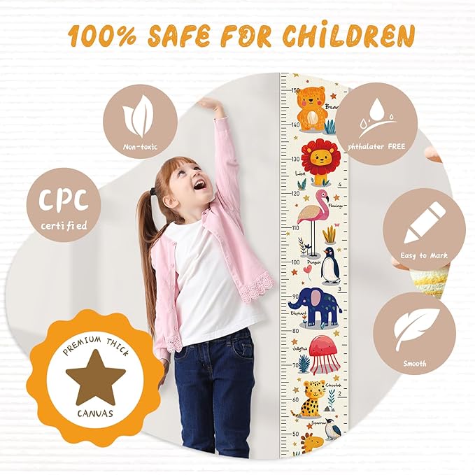 Personalized Name Growth Chart Wall Decor for Kids – Canvas Removable Height Chart Measuring Ruler 59" x 7.9" (Animals)-Ruum Studio Home