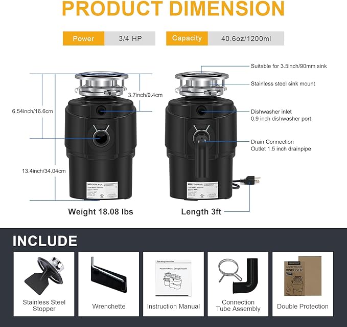 Garbage Disposal 3/4 HP Ultra Quiet powerful grinding Kitchen Food Waste Disposer with Power Cord Easy install, AC Motor Unit Continuous Feed Stainless Steel Grind 0.75 Horsepower (MAX-5)-Ruum Studio Home