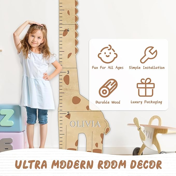 Personalized Name Kids Growth Chart for Wall, Cute Giraffe Wooden Growth Chart Kids Height Chart, Wall Measurement for Kids, Height Chart for Wall, Growth Ruler for Children-Ruum Studio Home