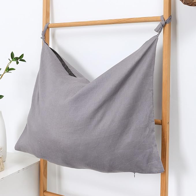 Hanging Linen Laundry Bag, 100% Pure Flax Linen Over The Door Hamper with Bottom Zipper for Laundry Room, Household Dirty Cloth Storage Organizer Bag, Gray-Ruum Studio Home