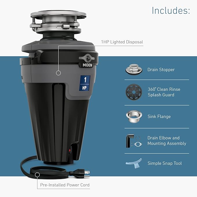 Moen Chef Series 1 HP Continuous Feed Lighted Garbage Disposal with Sound Reduction for Under Sink, Power Cord Included, EXL100C-Ruum Studio Home