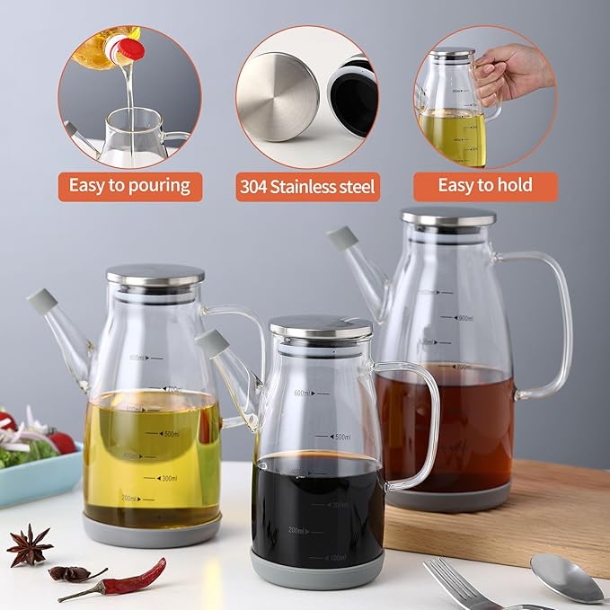 Large Glass Oil Dispenser Bottle for Kitchen Cooking Recipiente Para Aceite De Cocina Olive Oil Vinegar Dispenser Cruet Stainless Steel Lid No Drip Liquid Container (Clear, 27oz / 800ml)-Ruum Studio Home